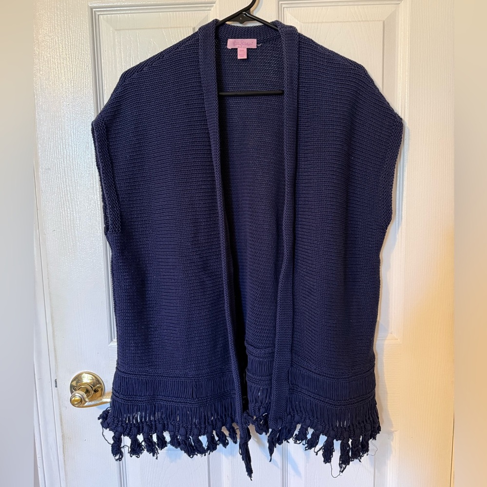 LILLY PULITZER Navy Fringe Sleeveless Sweater